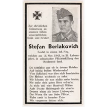 Német Halálozási Értesítő  -  Stefan Berlakovich - Sterbebild  - Gyalogság