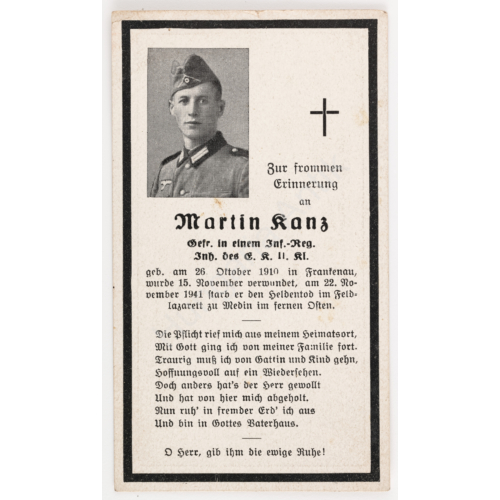 Német Második Világháborús Halálozási Értesítő  - Martin Kanz - Sterbebild - Gyalogság