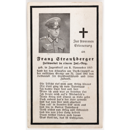 Német Második Világháborús Halálozási Értesítő  - Franz Straußberger - Sterbebild - Gyalogság