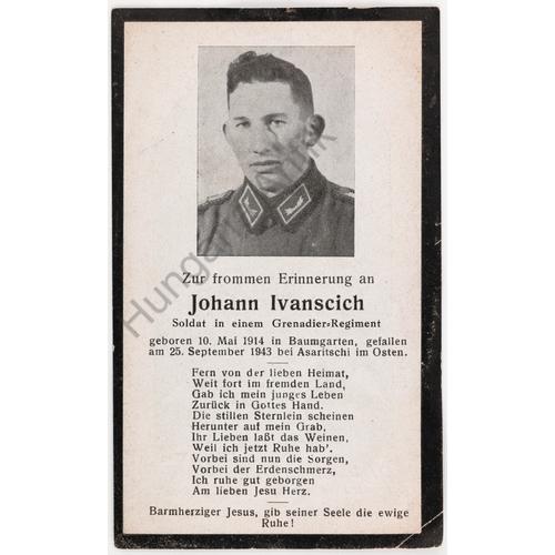 Német Második Világháborús Halálozási Értesítő  -  Johann Ivanscich - Sterbebild  - Gránátos