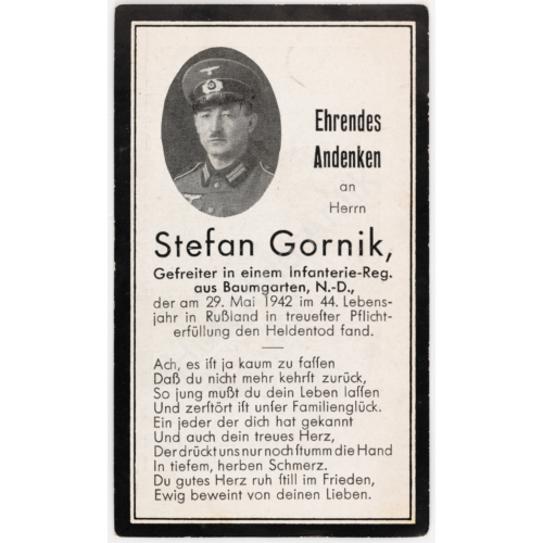 Német Második Világháborús Halálozási Értesítő  - Stefan Gornik -  Sterbebild  - Gyalogság