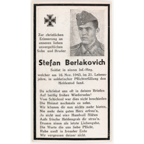 Német Második Világháborús Halálozási Értesítő  -  Stefan Berlakovich - Sterbebild  - Gyalogság