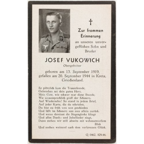 Német Második Világháborús Halálozási Értesítő  - Josef Vukowich - Sterbebild  - Ejtőernyős