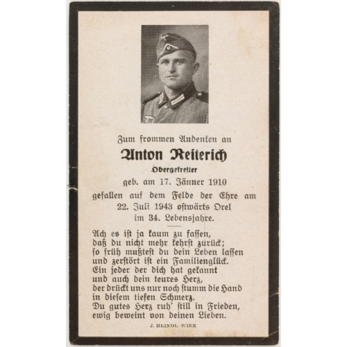 Német Halálozási Értesítő  - Anton Reiterich - Sterbebild  - Gyalogság