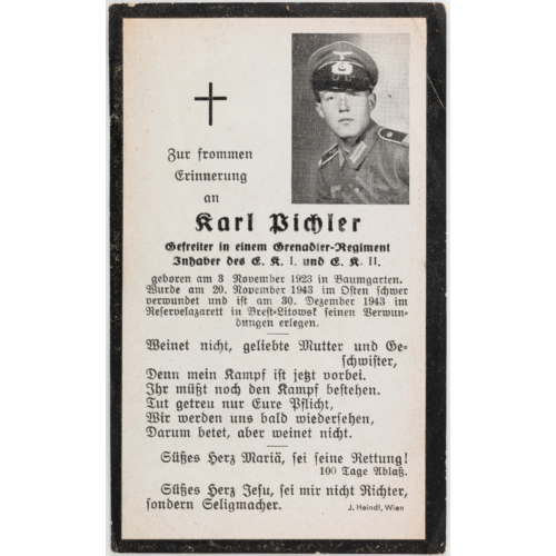 Német Második Világháborús Halálozási Értesítő  - Karl Pichler - Sterbebild  - Gránátos