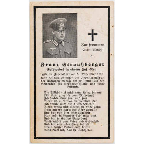 Német Halálozási Értesítő  - Franz Staußberger - Sterbebild - Gyalogság