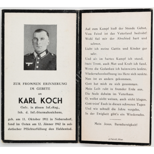 Német Második Világháborús Halálozási Értesítő  -  Karl Koch - Sterbebild  - Gyalogság