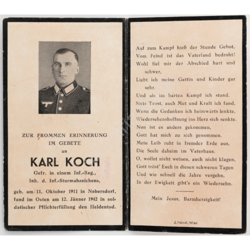 Német Második Világháborús Halálozási Értesítő  -  Karl Koch - Sterbebild  - Gyalogság