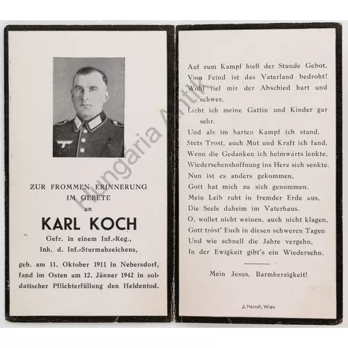 Német Halálozási Értesítő  -  Karl Koch - Sterbebild  - Gyalogság