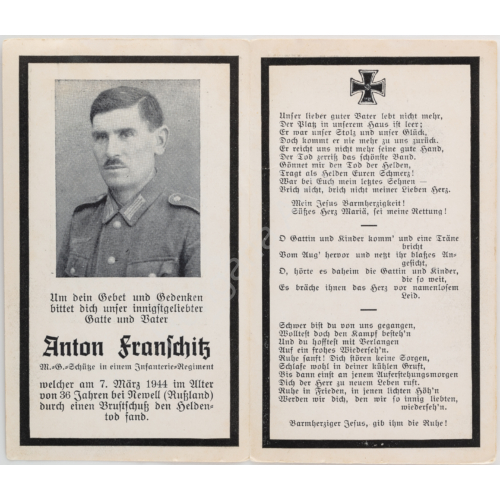 Német Második Világháborús Halálozási Értesítő  -  Anton Franschitz - Sterbebild  - Gyalogság