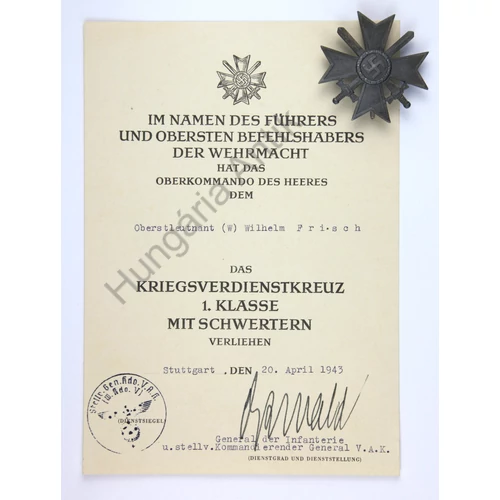 Német Kardokkal Ékesített Háborús Érdemkereszt 1. Osztálya Adományozó Dokumentummal - Kriegsverdienstkreuz 1. Klasse Mit Schwertern Mit Urkunde