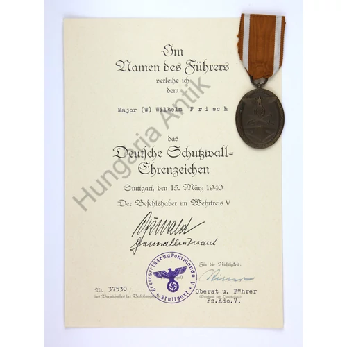 Német Védőfal Érdemjel Adományozási Dokumentummal - Deutsches Schutzwall-Ehrenzeichen Mit Urkunde